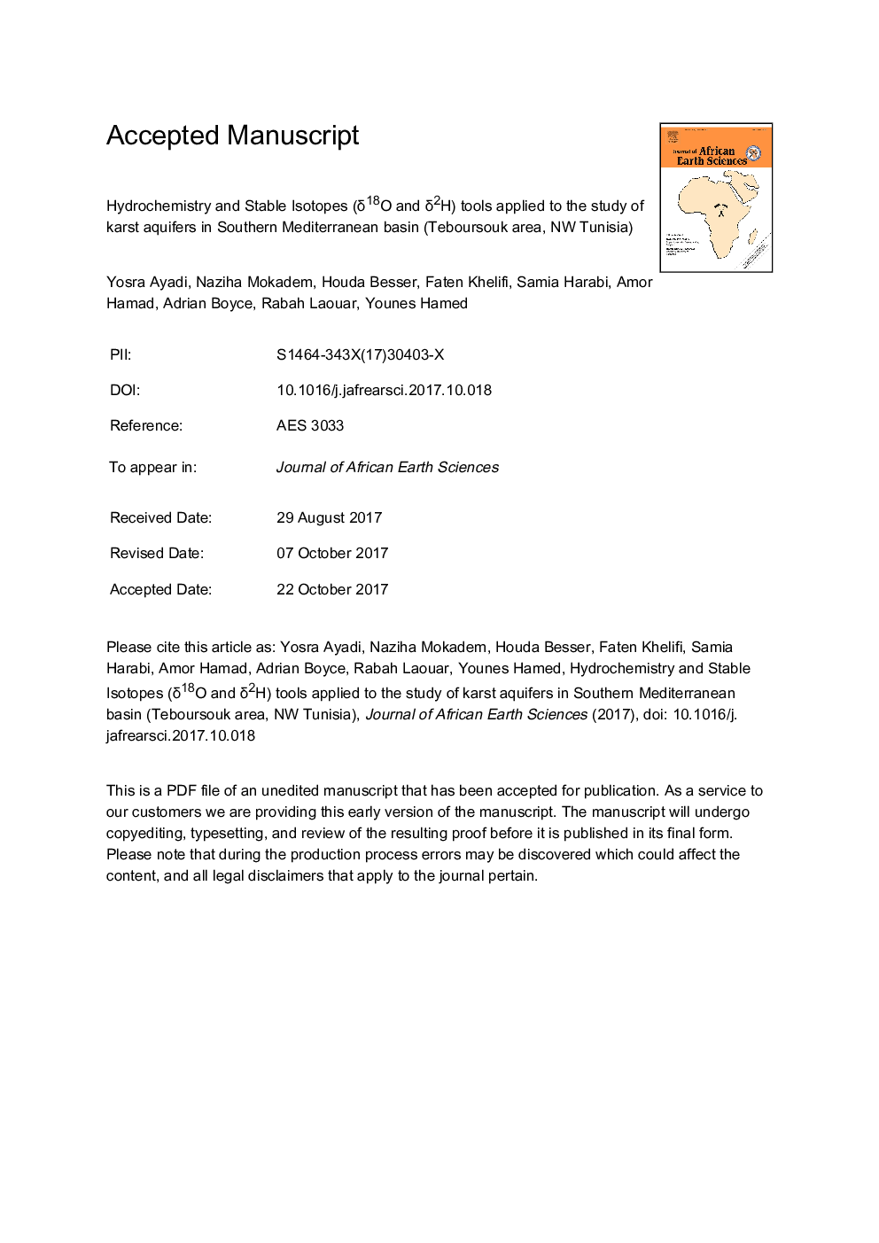 Hydrochemistry and stable isotopes (Î´18O and Î´2H) tools applied to the study of karst aquifers in southern mediterranean basin (Teboursouk area, NW Tunisia)