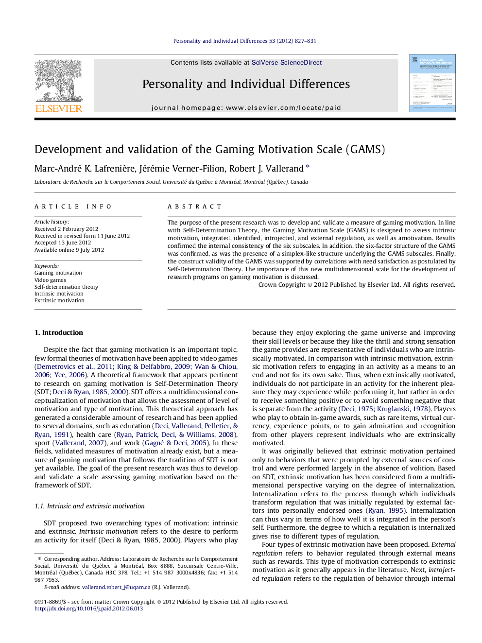 Development and validation of the Gaming Motivation Scale (GAMS)