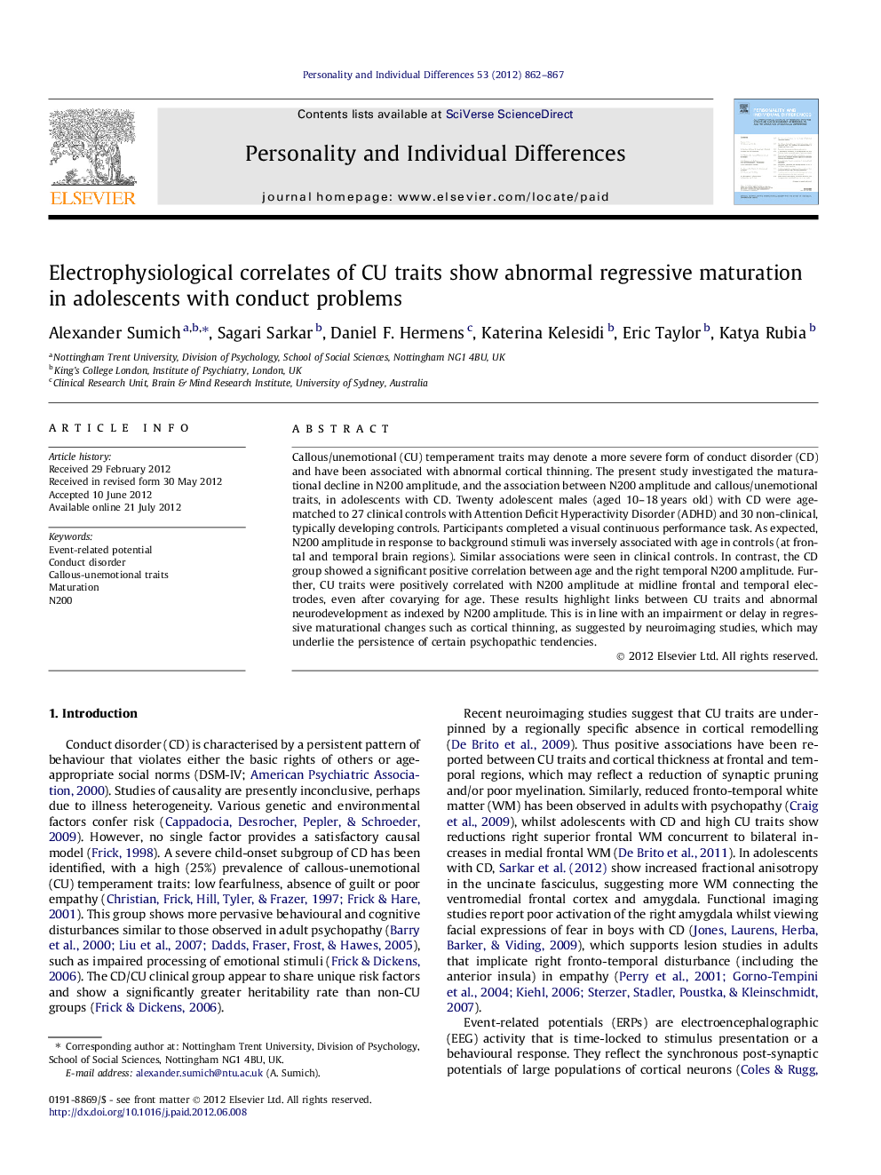 Electrophysiological correlates of CU traits show abnormal regressive maturation in adolescents with conduct problems