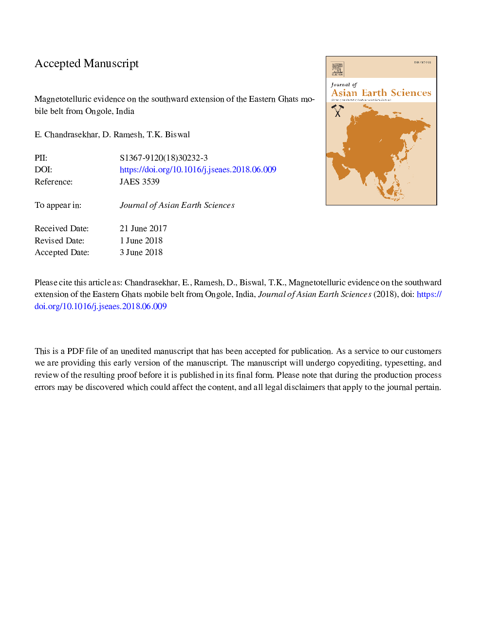 عکس صفحه اول مقاله: Magnetotelluric evidence on the southward extension of the Eastern Ghats mobile belt from Ongole, India Magnetotelluric evidence on the southward extension of the Eastern Ghats mobile belt from Ongole, India