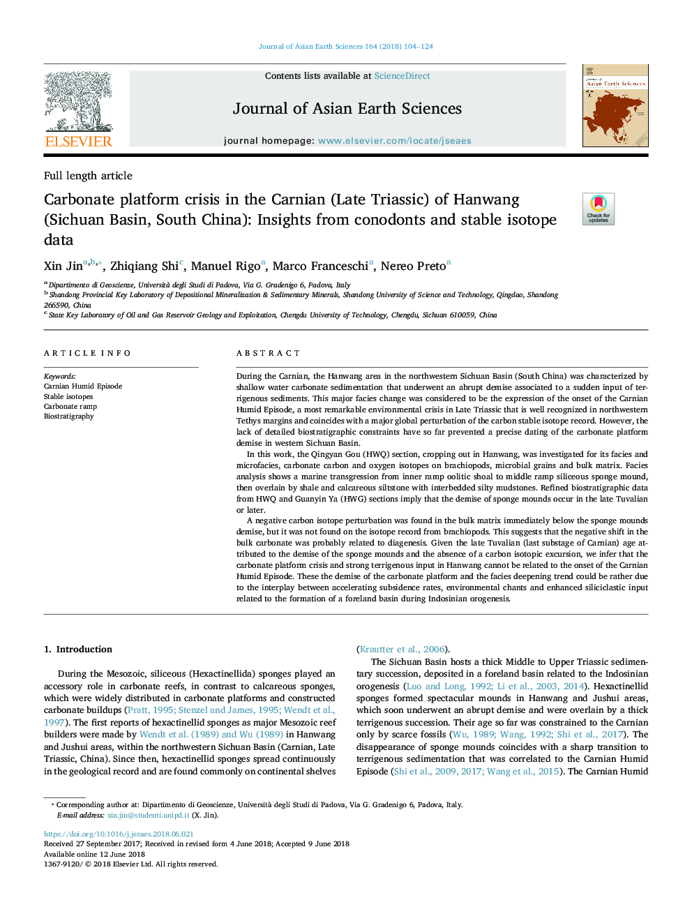 Carbonate platform crisis in the Carnian (Late Triassic) of Hanwang (Sichuan Basin, South China): Insights from conodonts and stable isotope data