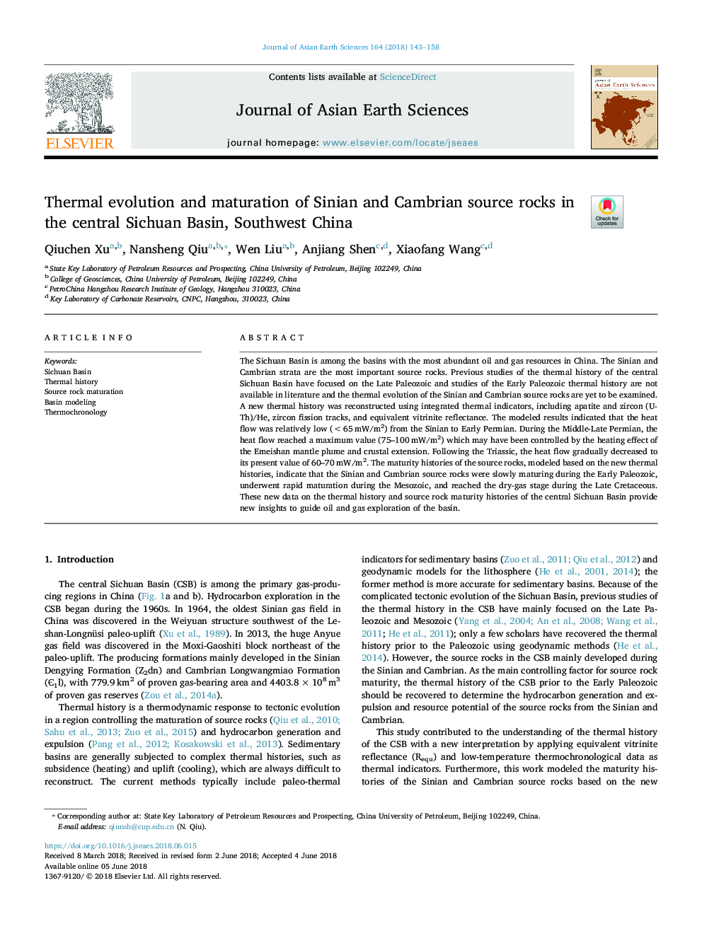 Thermal evolution and maturation of Sinian and Cambrian source rocks in the central Sichuan Basin, Southwest China