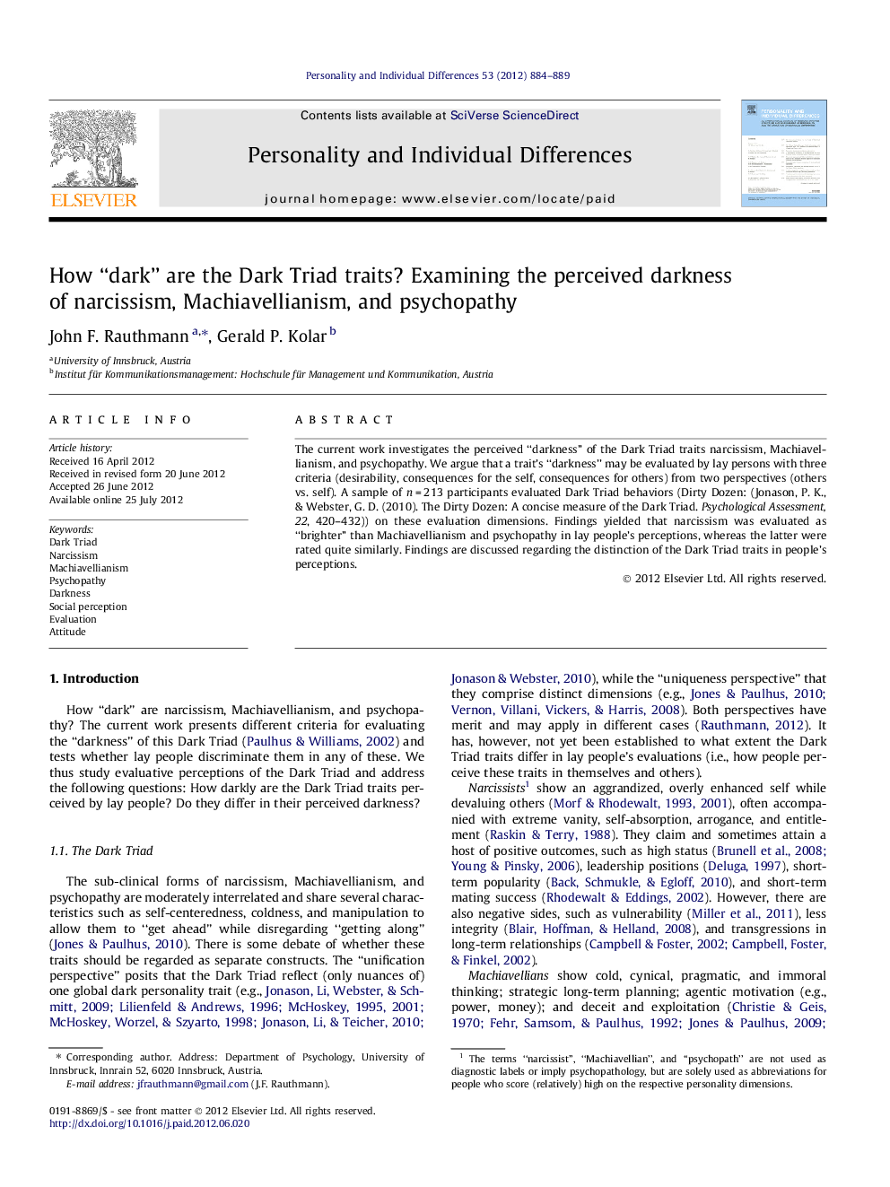 How “dark” are the Dark Triad traits? Examining the perceived darkness of narcissism, Machiavellianism, and psychopathy