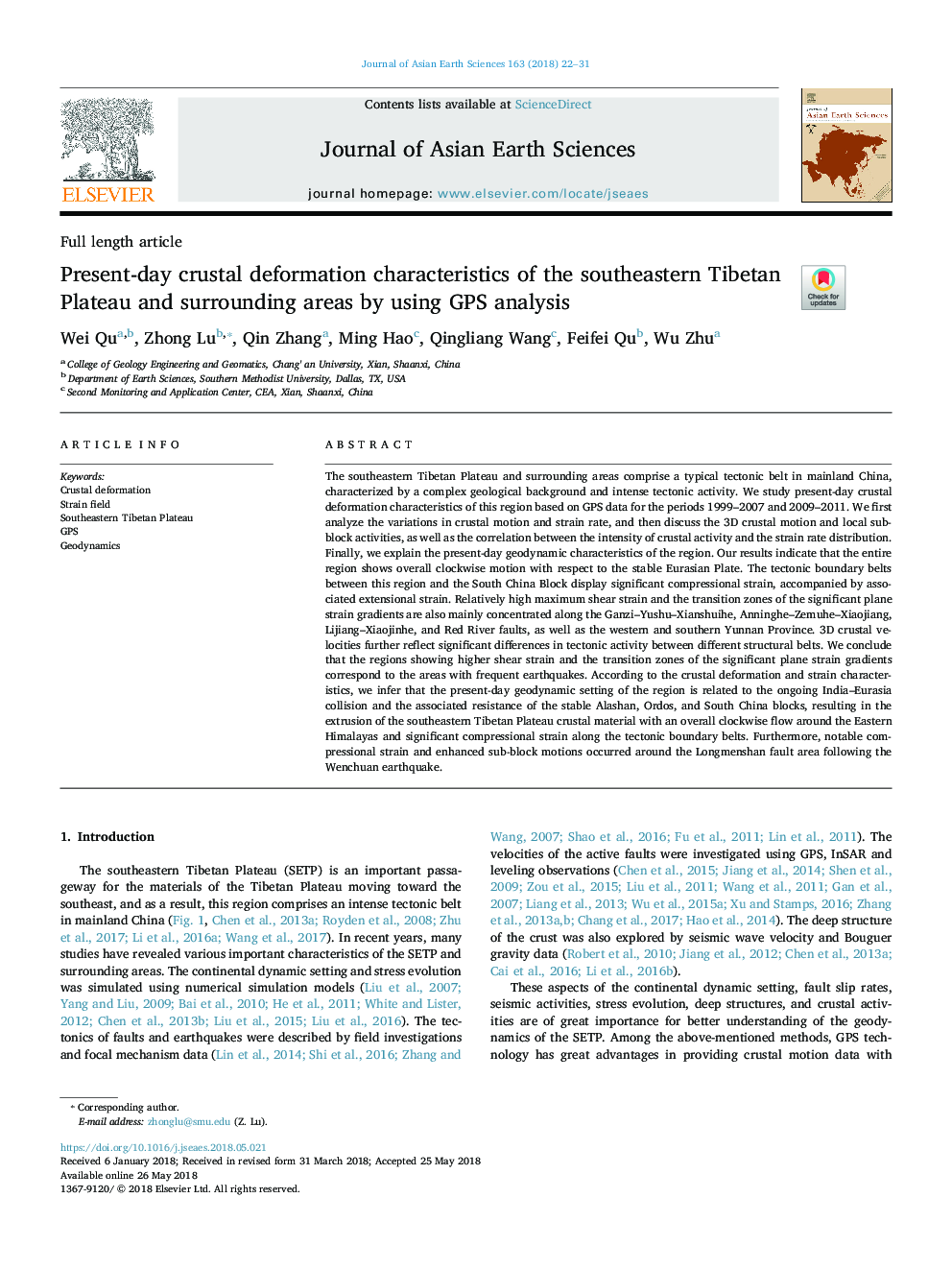 Present-day crustal deformation characteristics of the southeastern Tibetan Plateau and surrounding areas by using GPS analysis