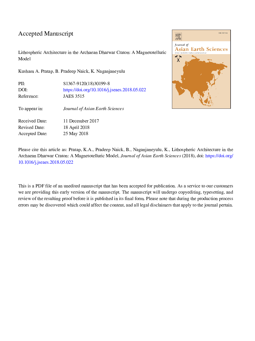 عکس صفحه اول مقاله: Lithospheric architecture in the Archaean Dharwar craton, India: A magnetotelluric model Lithospheric architecture in the Archaean Dharwar craton, India: A magnetotelluric model