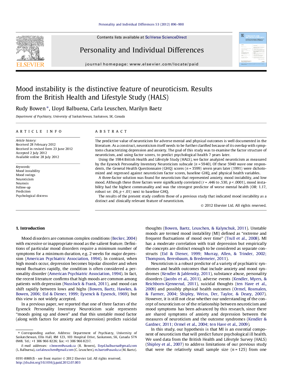 Mood instability is the distinctive feature of neuroticism. Results from the British Health and Lifestyle Study (HALS)