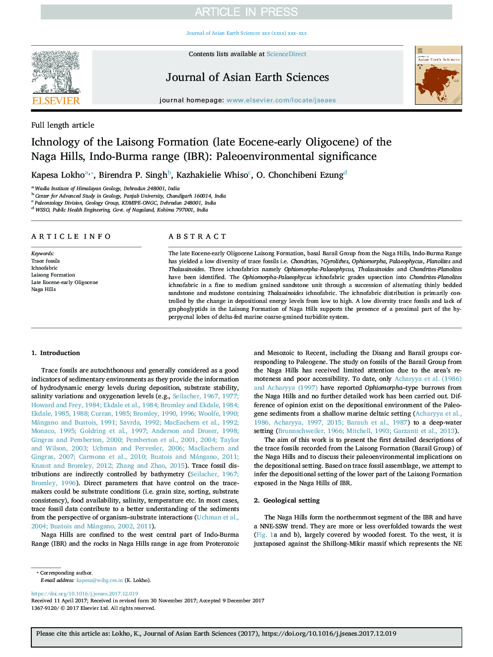 Ichnology of the Laisong Formation (late Eocene-early Oligocene) of the Naga Hills, Indo-Burma range (IBR): Paleoenvironmental significance