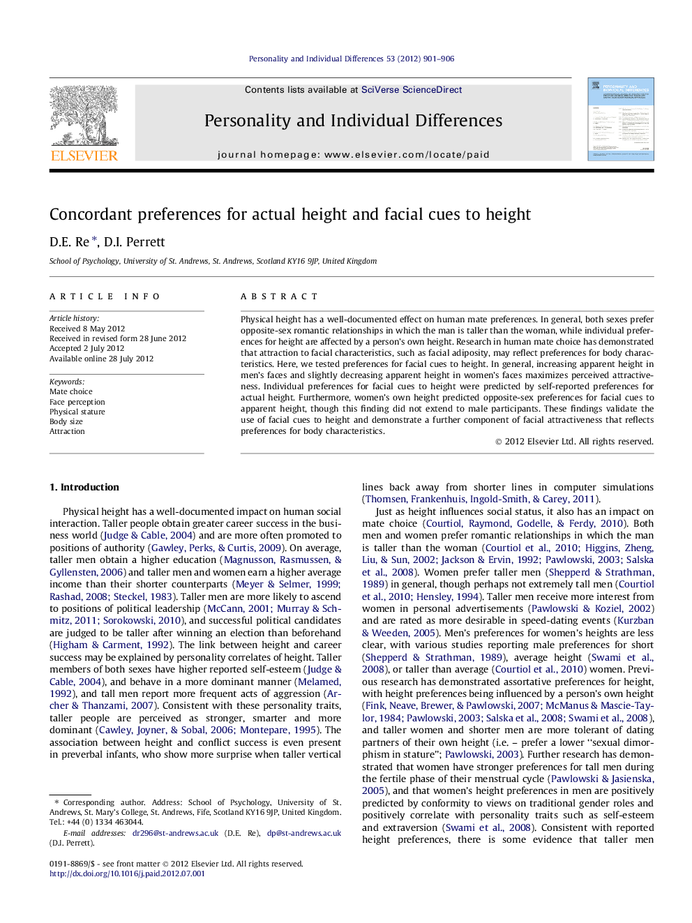 Concordant preferences for actual height and facial cues to height