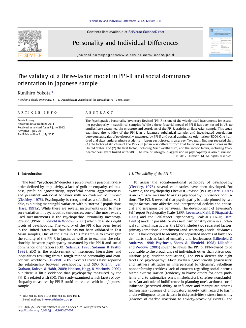 The validity of a three-factor model in PPI-R and social dominance orientation in Japanese sample