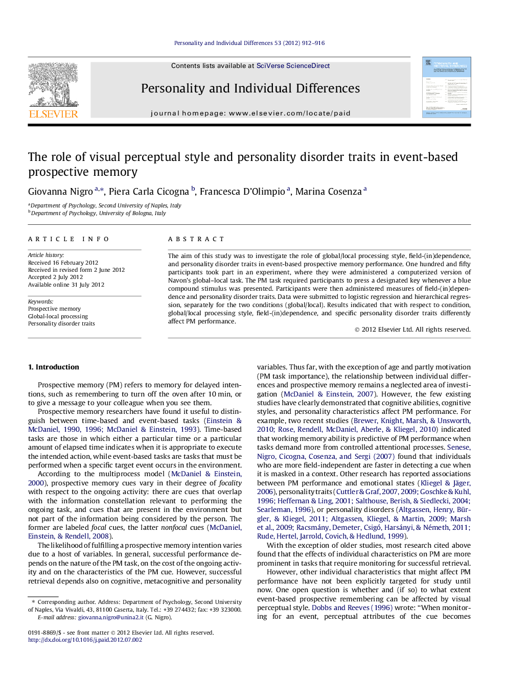 The role of visual perceptual style and personality disorder traits in event-based prospective memory