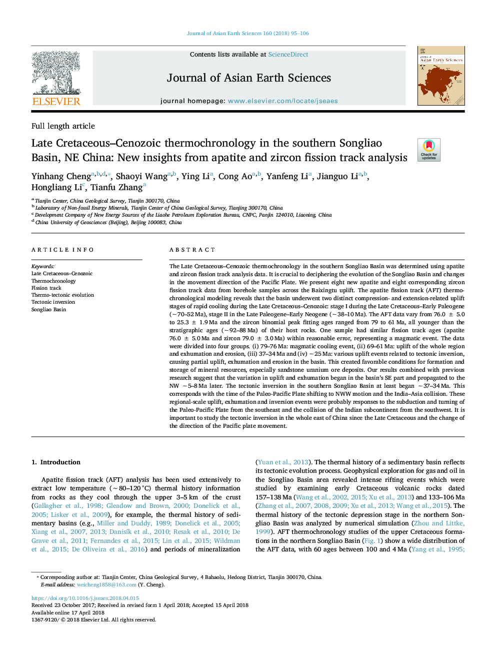 Late Cretaceous-Cenozoic thermochronology in the southern Songliao Basin, NE China: New insights from apatite and zircon fission track analysis