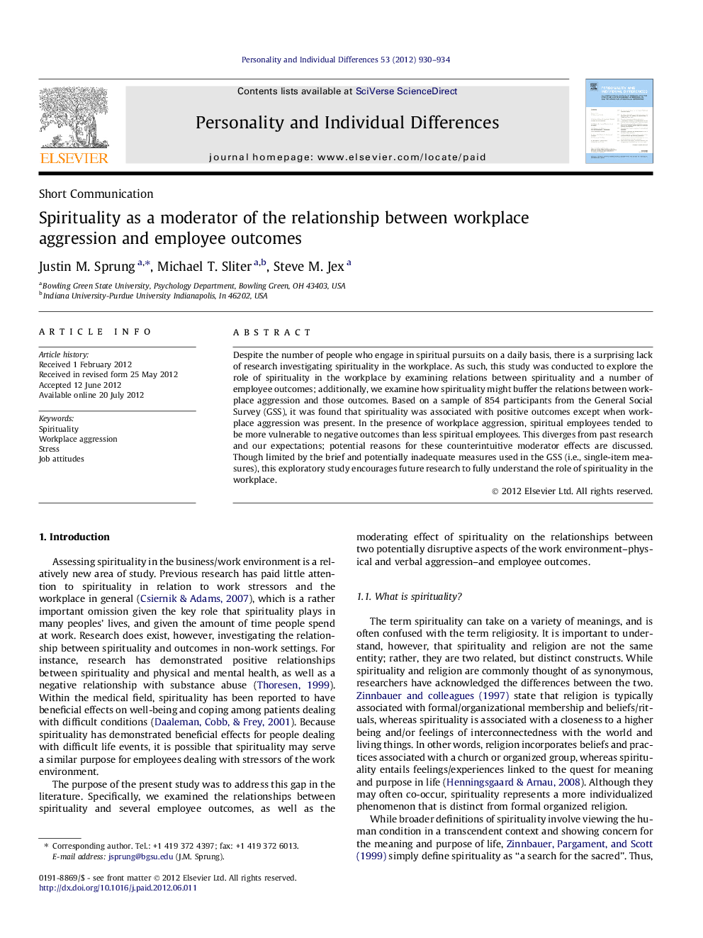 Spirituality as a moderator of the relationship between workplace aggression and employee outcomes