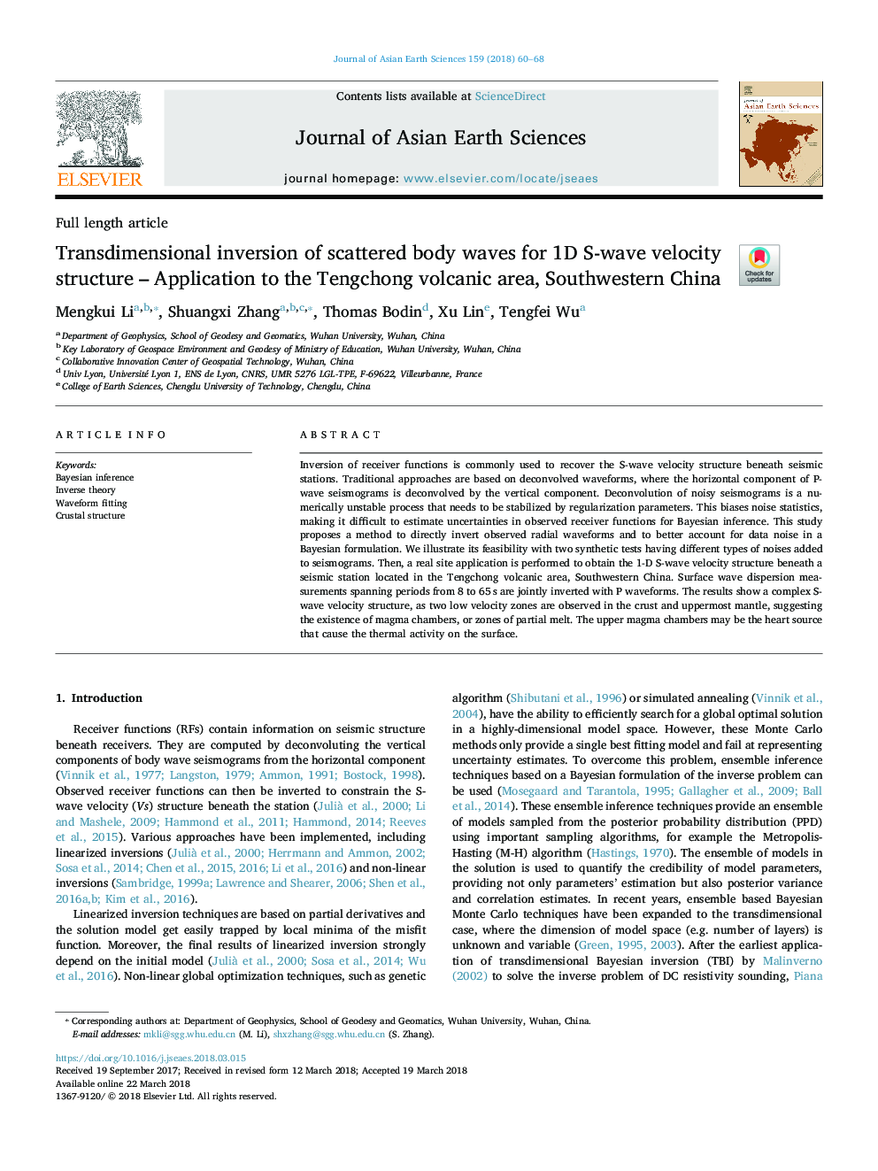 Transdimensional inversion of scattered body waves for 1D S-wave velocity structure - Application to the Tengchong volcanic area, Southwestern China