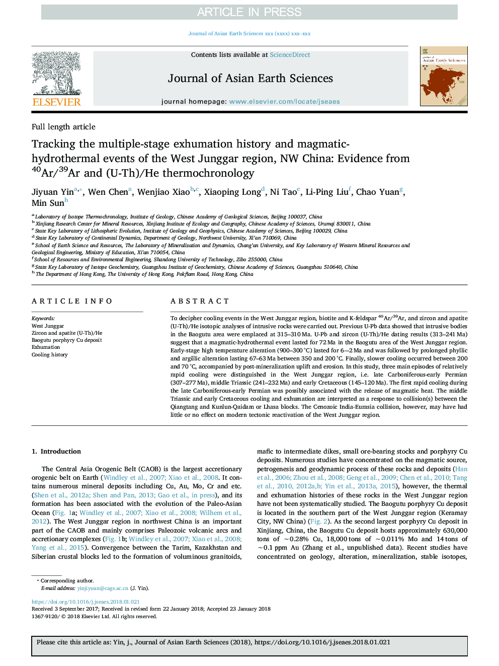 Tracking the multiple-stage exhumation history and magmatic-hydrothermal events of the West Junggar region, NW China: Evidence from 40Ar/39Ar and (U-Th)/He thermochronology