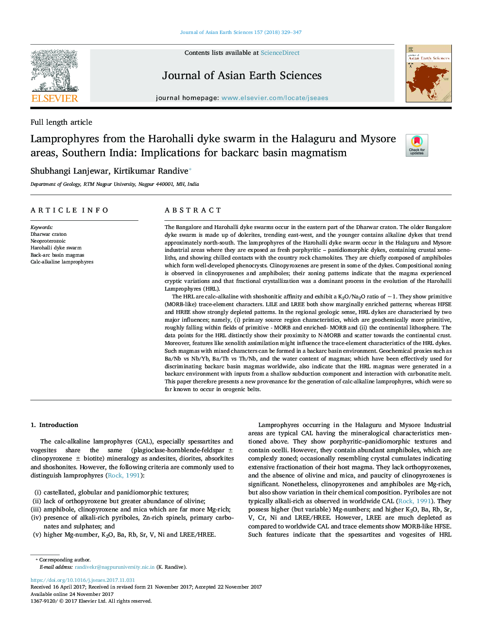 Lamprophyres from the Harohalli dyke swarm in the Halaguru and Mysore areas, Southern India: Implications for backarc basin magmatism