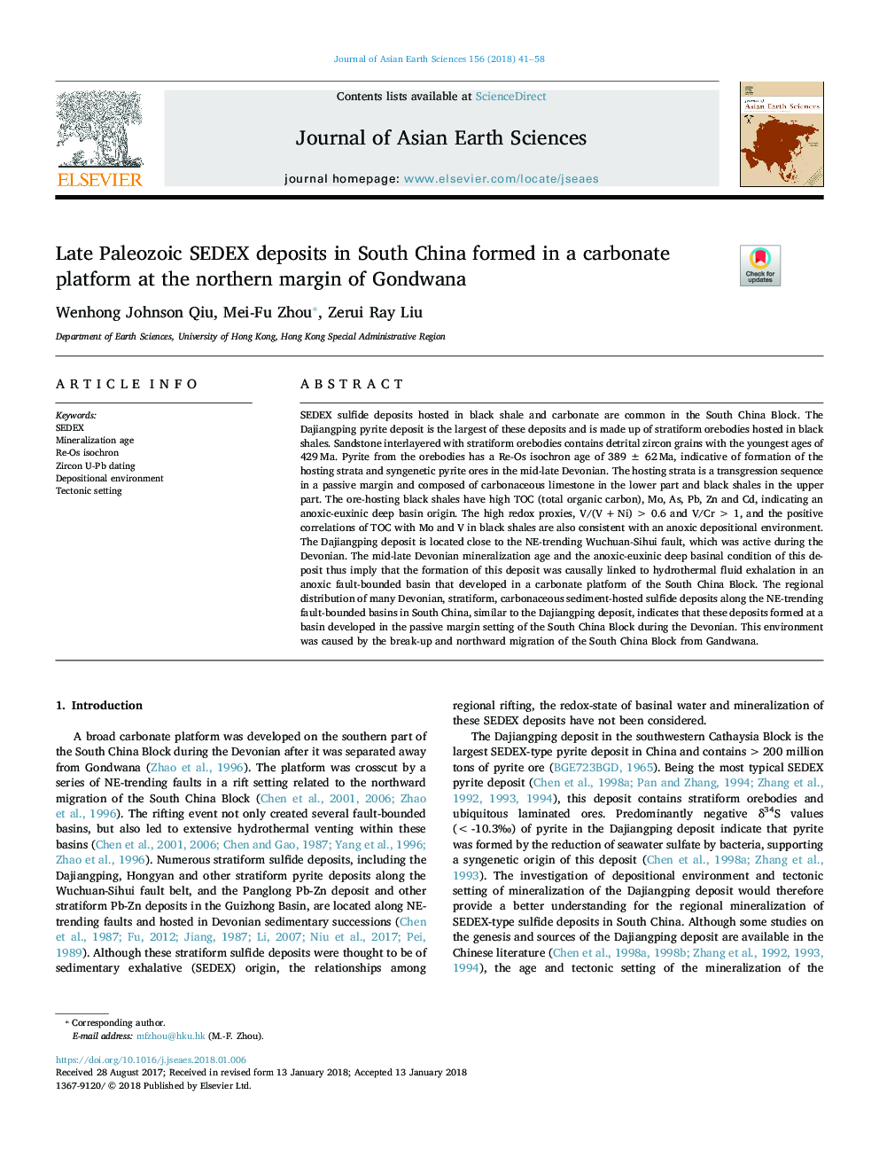 Late Paleozoic SEDEX deposits in South China formed in a carbonate platform at the northern margin of Gondwana