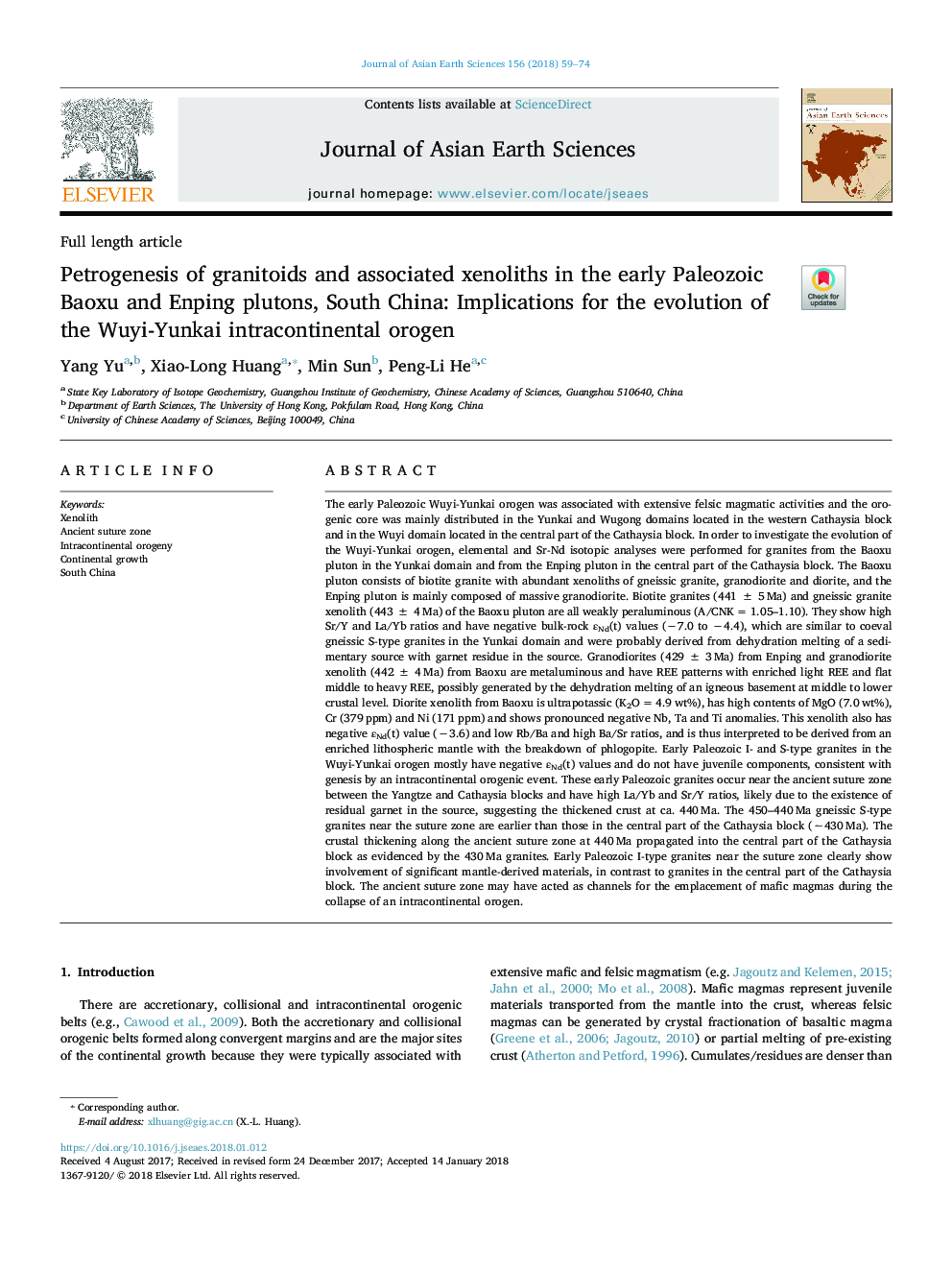 Petrogenesis of granitoids and associated xenoliths in the early Paleozoic Baoxu and Enping plutons, South China: Implications for the evolution of the Wuyi-Yunkai intracontinental orogen