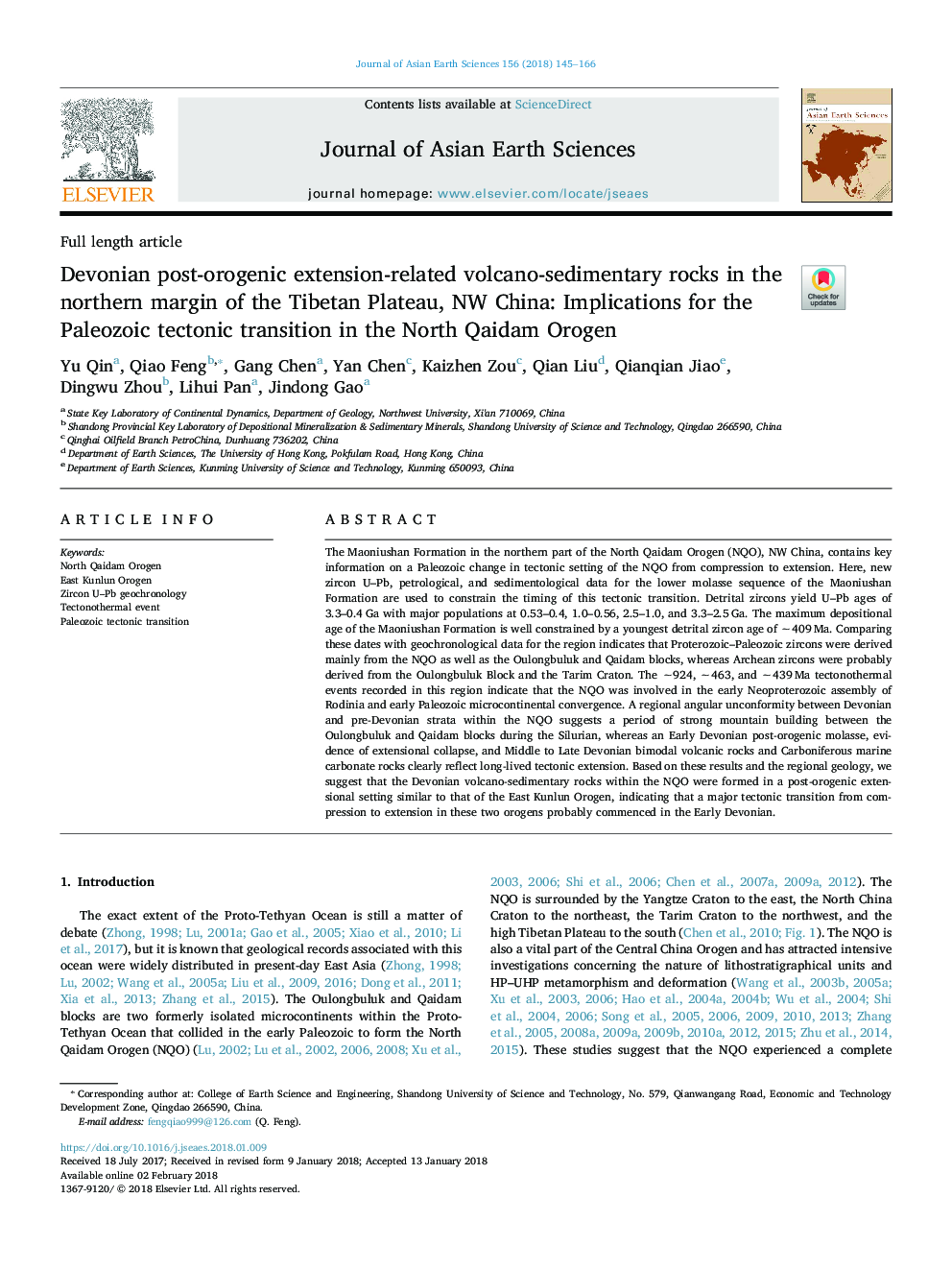 Devonian post-orogenic extension-related volcano-sedimentary rocks in the northern margin of the Tibetan Plateau, NW China: Implications for the Paleozoic tectonic transition in the North Qaidam Orogen