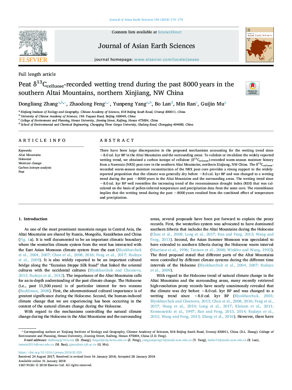 Peat Î´13Ccelluose-recorded wetting trend during the past 8000â¯years in the southern Altai Mountains, northern Xinjiang, NW China