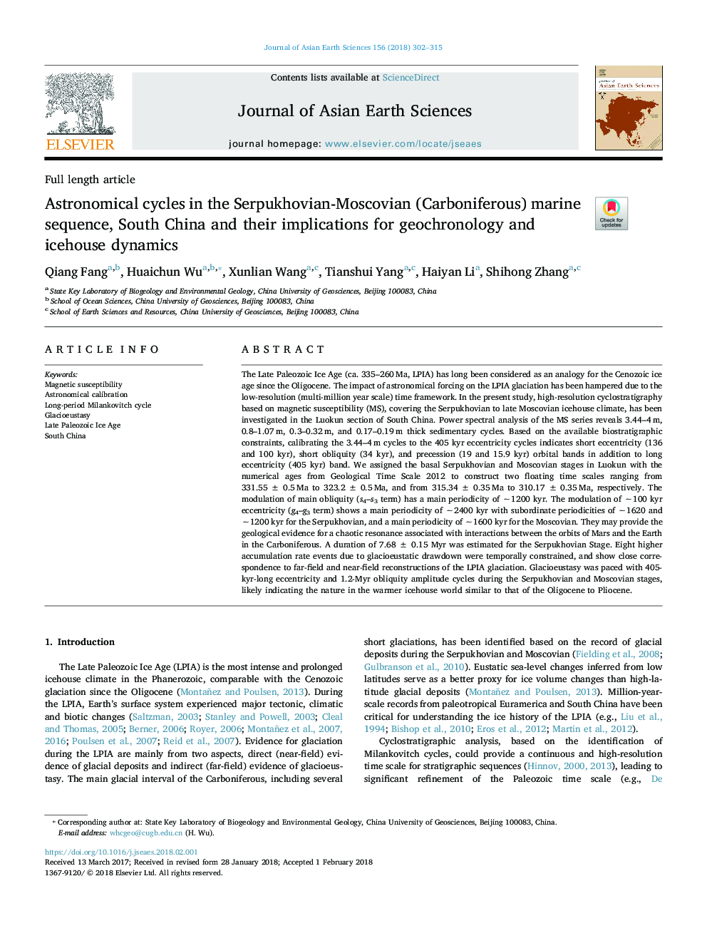 Astronomical cycles in the Serpukhovian-Moscovian (Carboniferous) marine sequence, South China and their implications for geochronology and icehouse dynamics