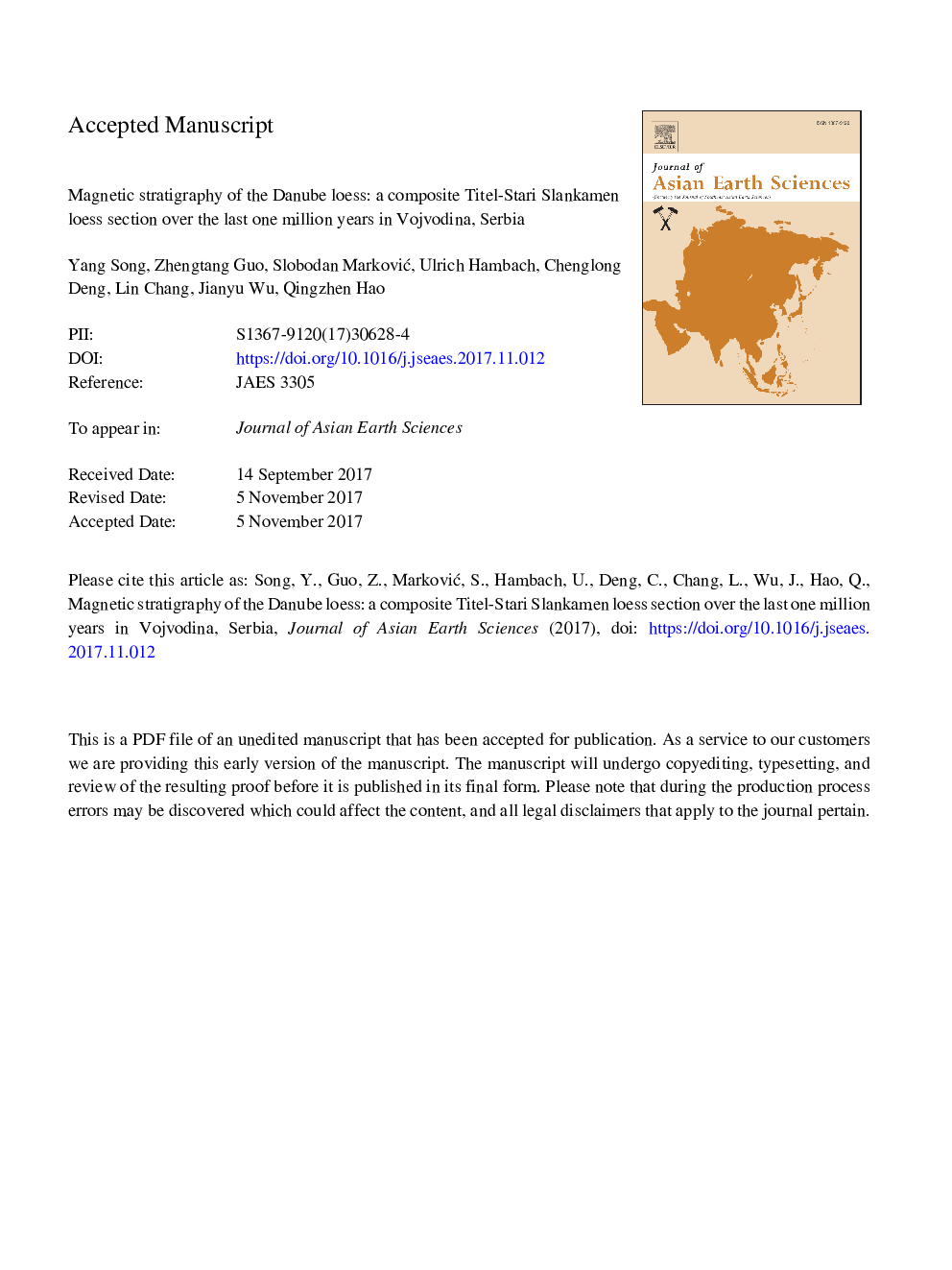 Magnetic stratigraphy of the Danube loess: A composite Titel-Stari Slankamen loess section over the last one million years in Vojvodina, Serbia