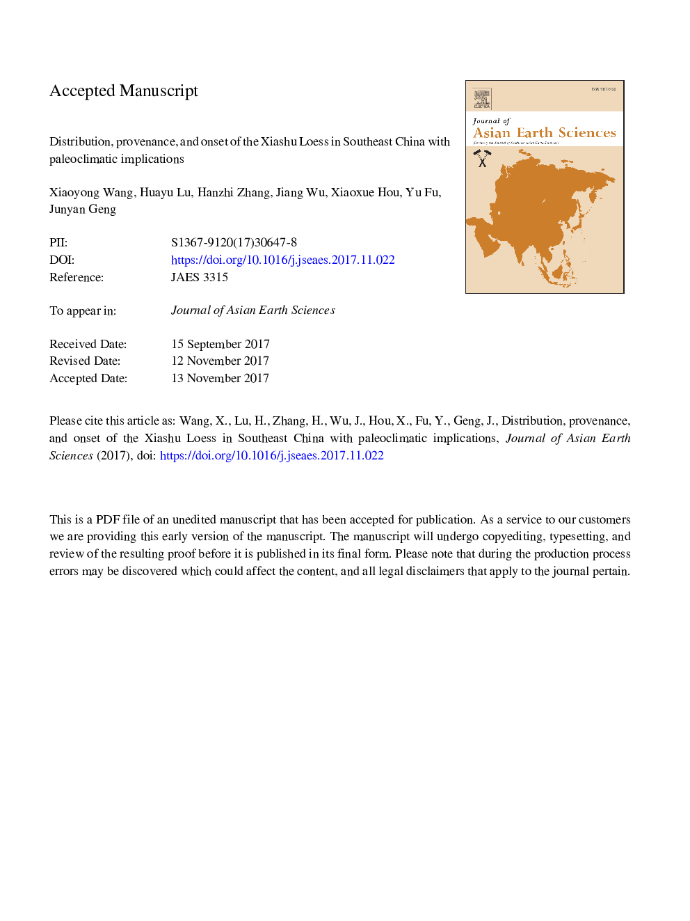 Distribution, provenance, and onset of the Xiashu Loess in Southeast China with paleoclimatic implications