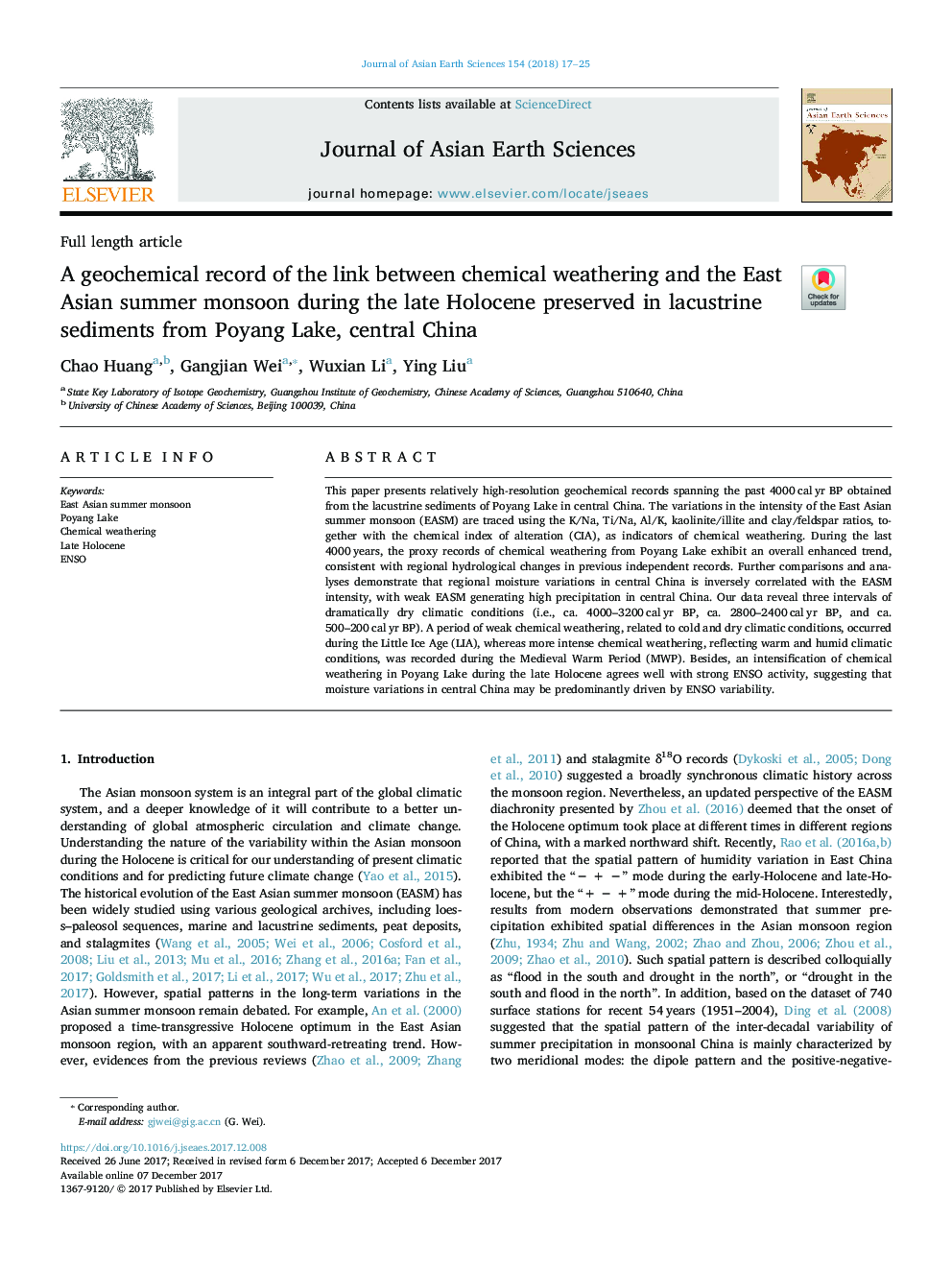 A geochemical record of the link between chemical weathering and the East Asian summer monsoon during the late Holocene preserved in lacustrine sediments from Poyang Lake, central China