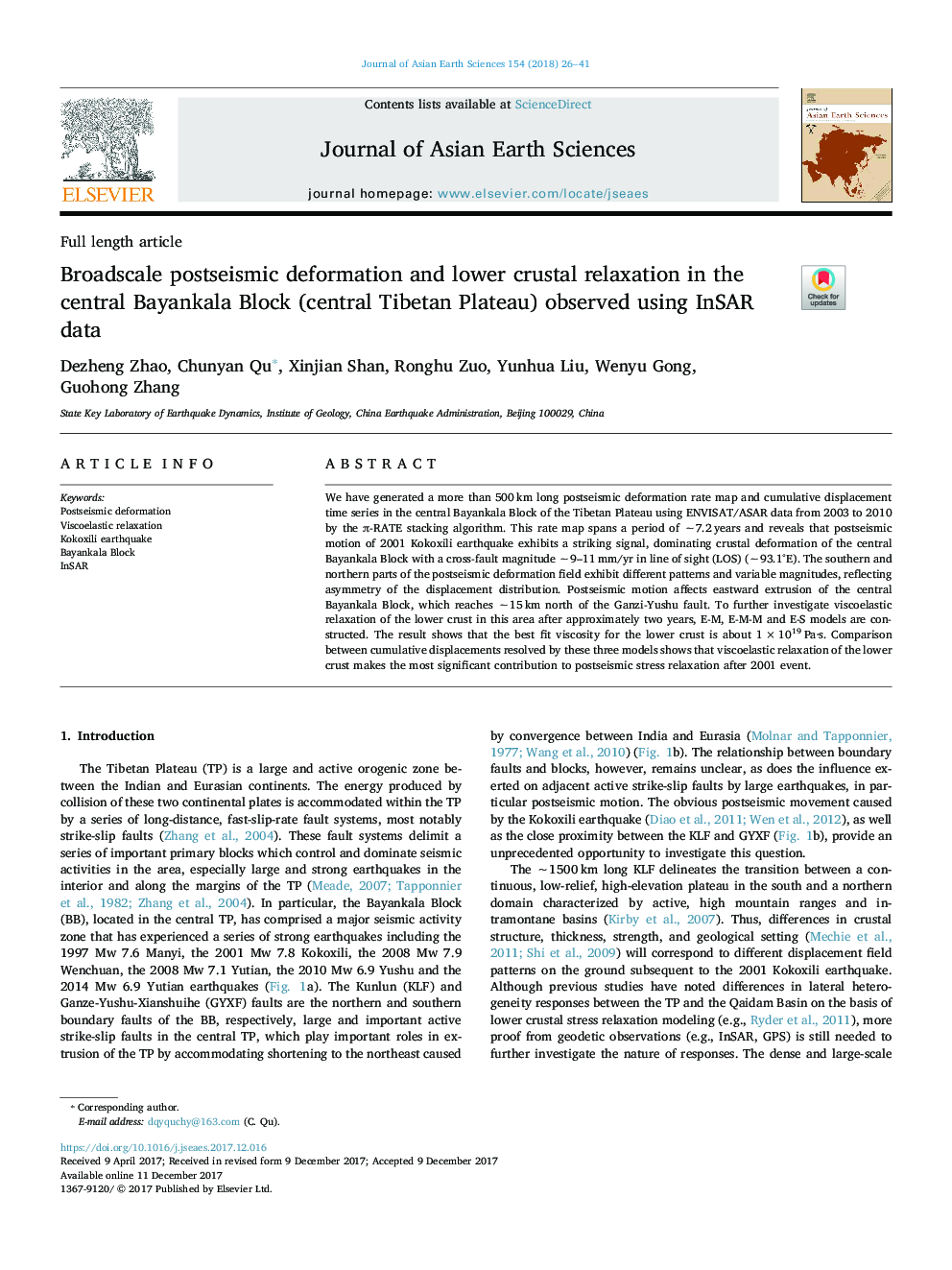 Broadscale postseismic deformation and lower crustal relaxation in the central Bayankala Block (central Tibetan Plateau) observed using InSAR data