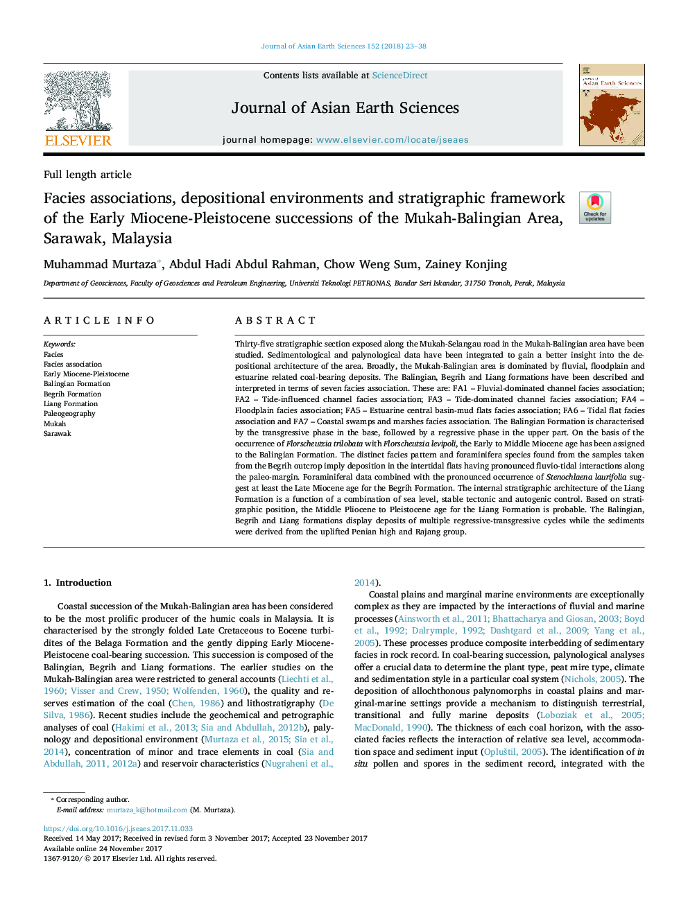 Facies associations, depositional environments and stratigraphic framework of the Early Miocene-Pleistocene successions of the Mukah-Balingian Area, Sarawak, Malaysia