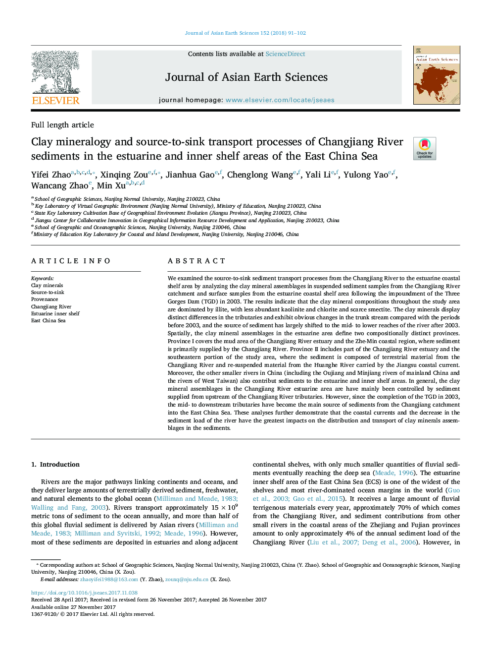 Clay mineralogy and source-to-sink transport processes of Changjiang River sediments in the estuarine and inner shelf areas of the East China Sea