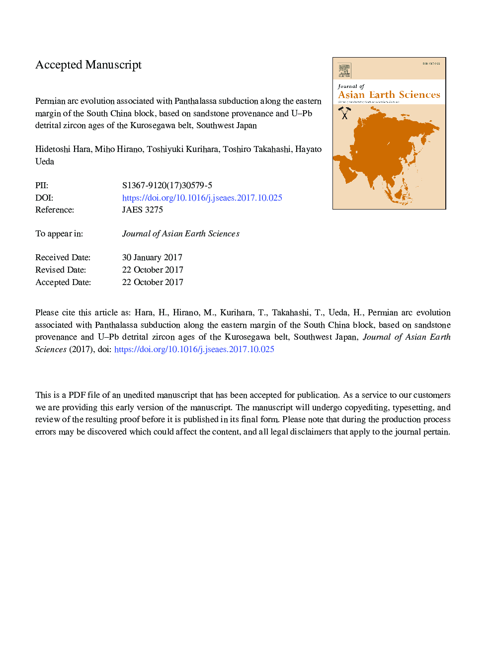 Permian arc evolution associated with Panthalassa subduction along the eastern margin of the South China block, based on sandstone provenance and U-Pb detrital zircon ages of the Kurosegawa belt, Southwest Japan