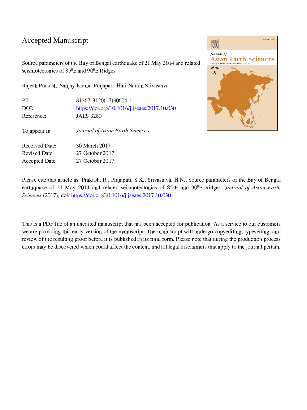 Source parameters of the Bay of Bengal earthquake of 21 May 2014 and related seismotectonics of 85Â°E and 90Â°E ridges