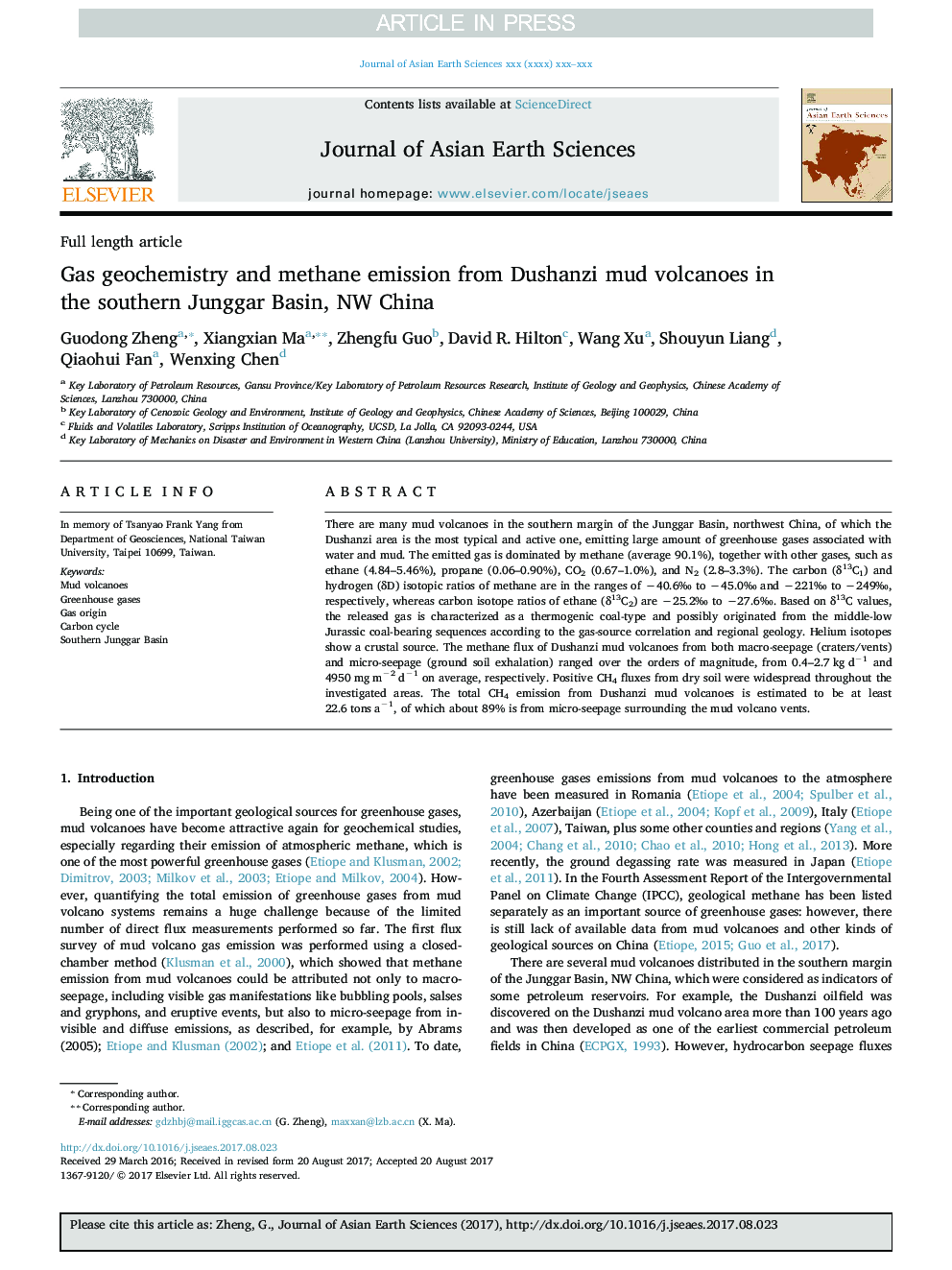 Gas geochemistry and methane emission from Dushanzi mud volcanoes in the southern Junggar Basin, NW China