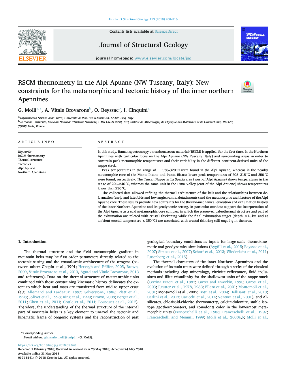 RSCM thermometry in the Alpi Apuane (NW Tuscany, Italy): New constraints for the metamorphic and tectonic history of the inner northern Apennines