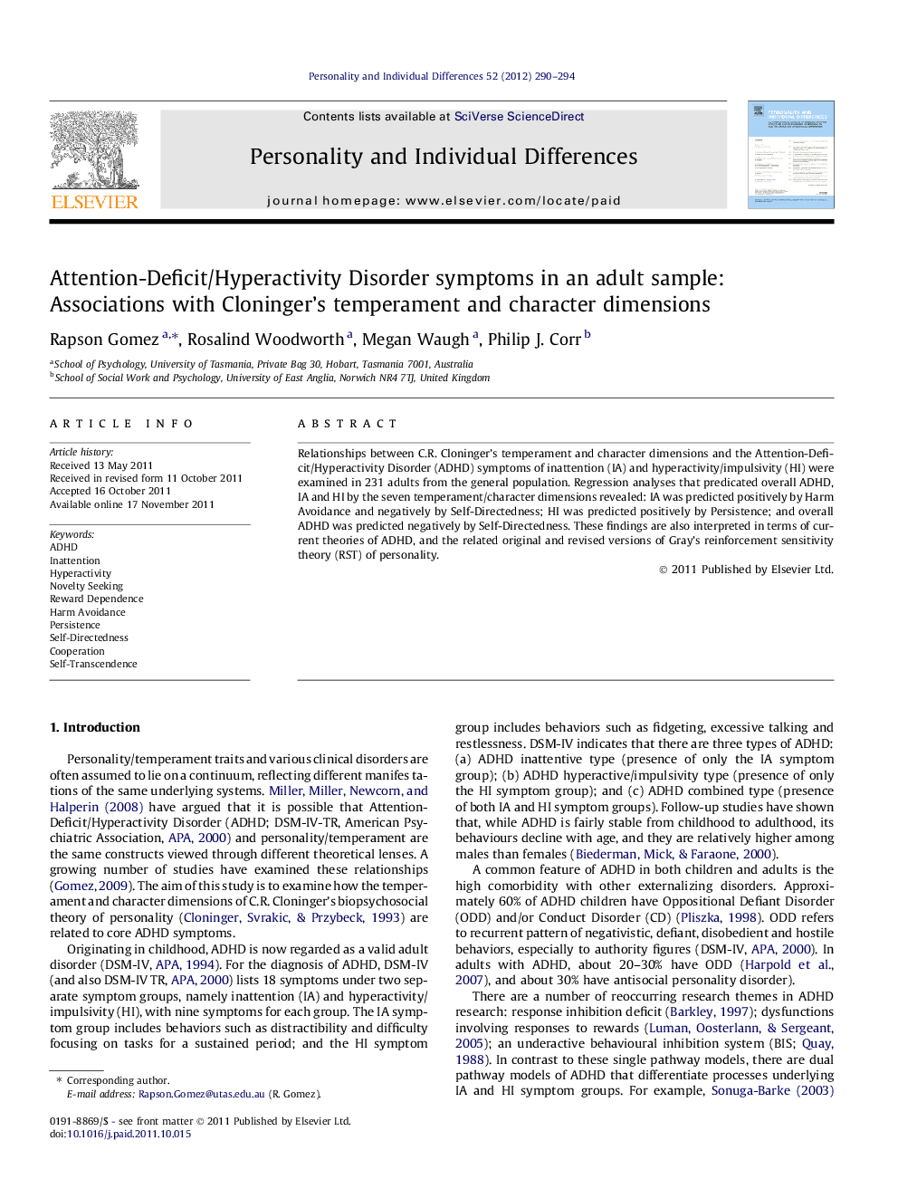 Attention-Deficit/Hyperactivity Disorder symptoms in an adult sample: Associations with Cloninger’s temperament and character dimensions