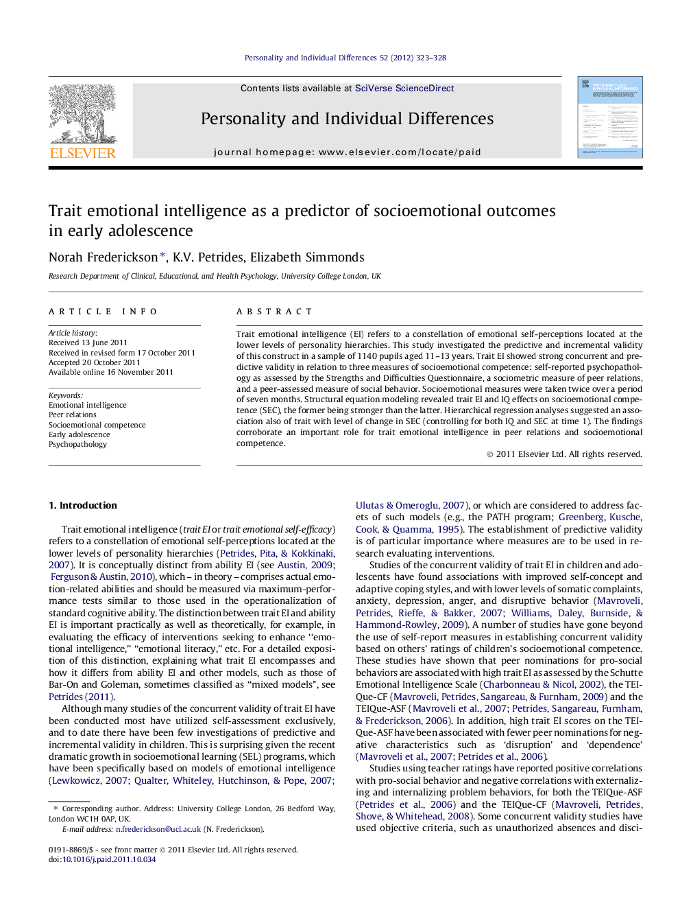 Trait emotional intelligence as a predictor of socioemotional outcomes in early adolescence