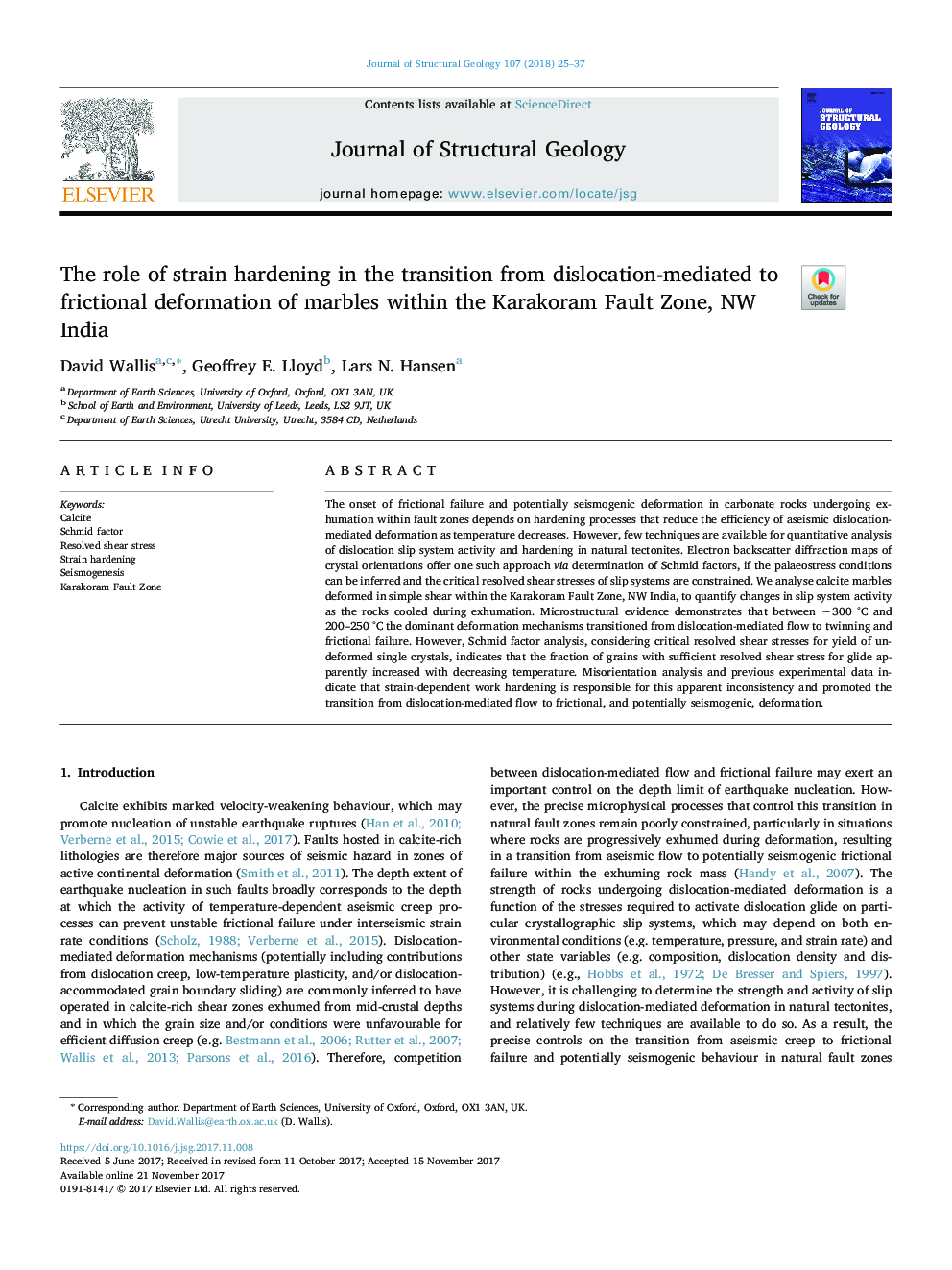 The role of strain hardening in the transition from dislocation-mediated to frictional deformation of marbles within the Karakoram Fault Zone, NW India