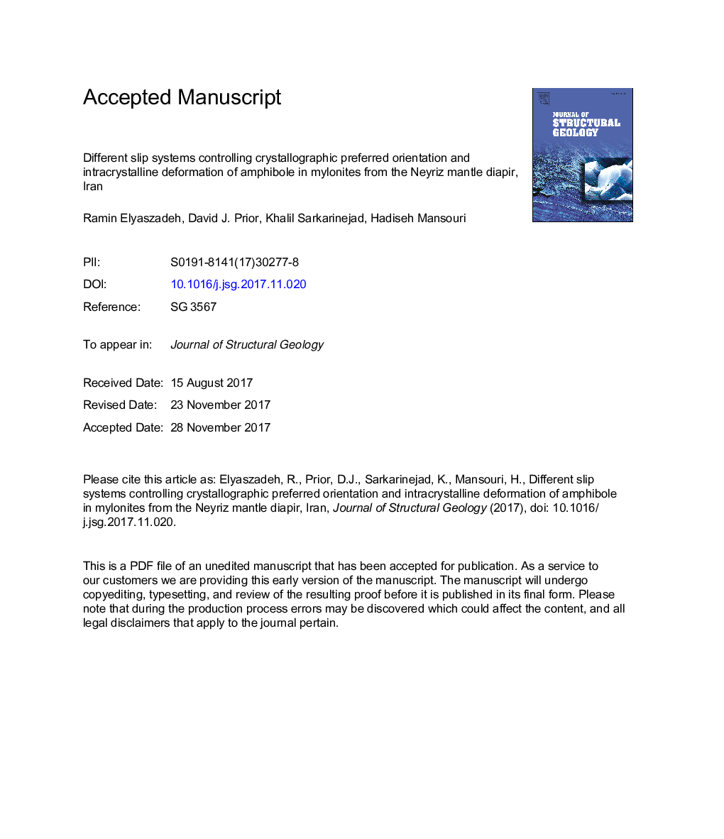 سیستم های لغزش گوناگون جهت هدایت گرایش کریستالوگرافی و تغییر شکل درون کریستالی آمفیبول در میلونیت ها از دیپیر مانتیور نوریز، ایران