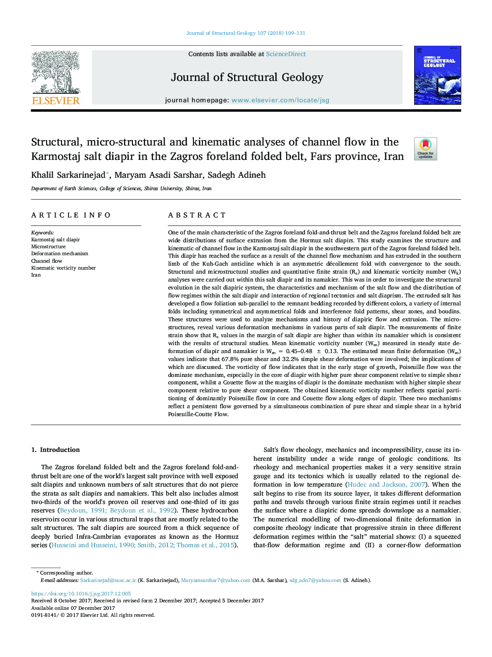 Structural, micro-structural and kinematic analyses of channel flow in the Karmostaj salt diapir in the Zagros foreland folded belt, Fars province, Iran