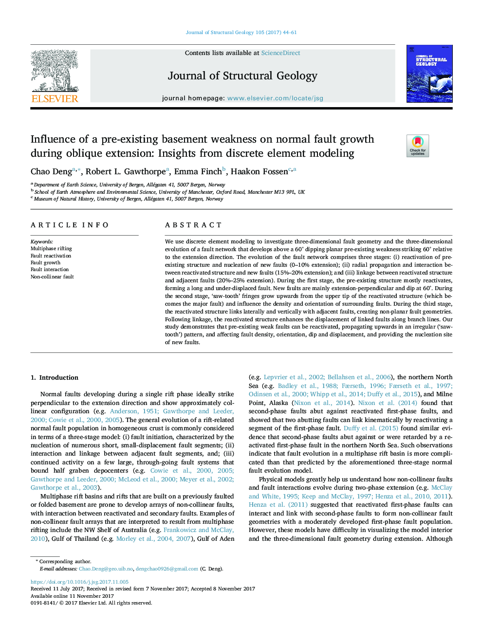 Influence of a pre-existing basement weakness on normal fault growth during oblique extension: Insights from discrete element modeling