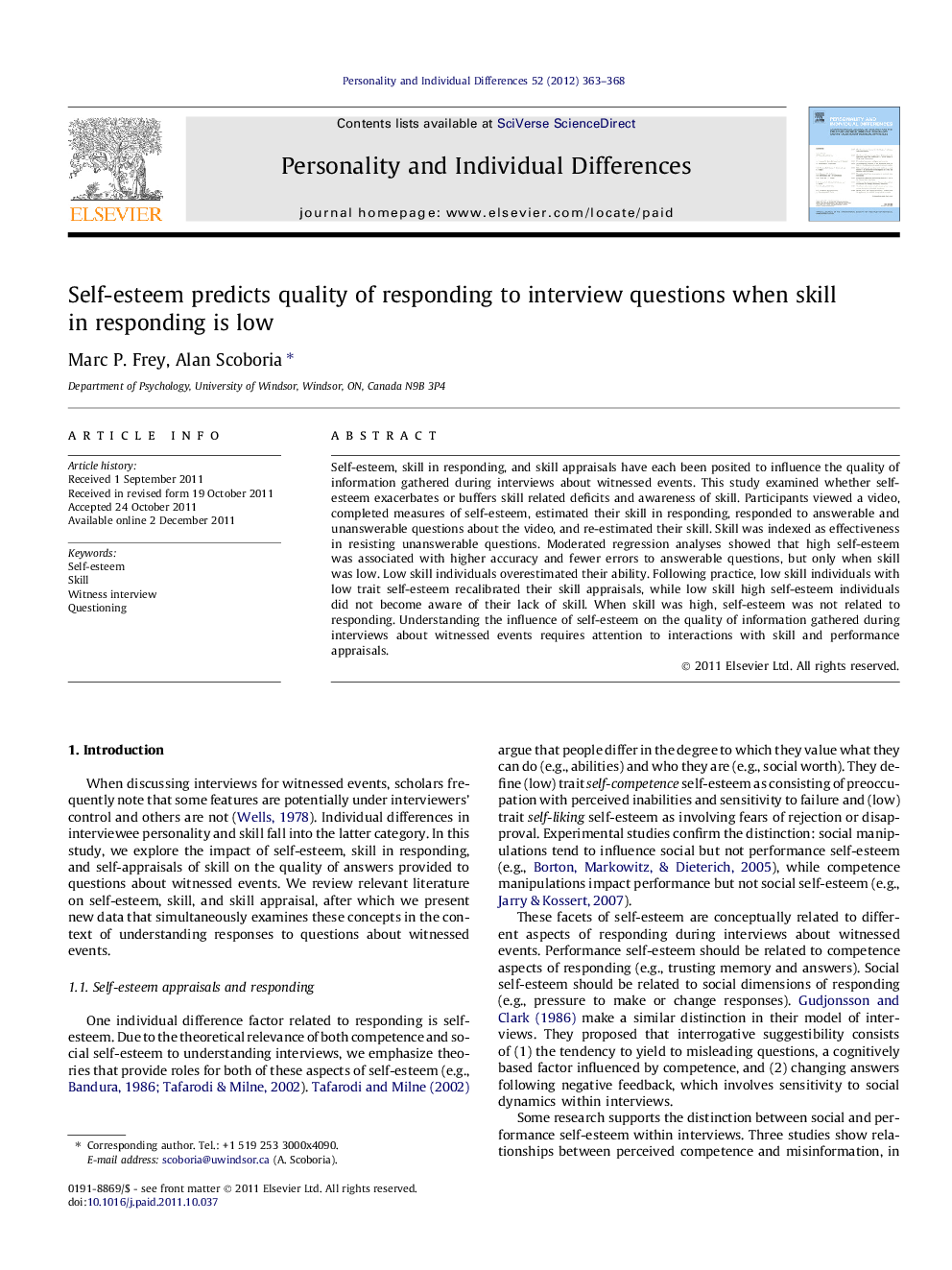 Self-esteem predicts quality of responding to interview questions when skill in responding is low