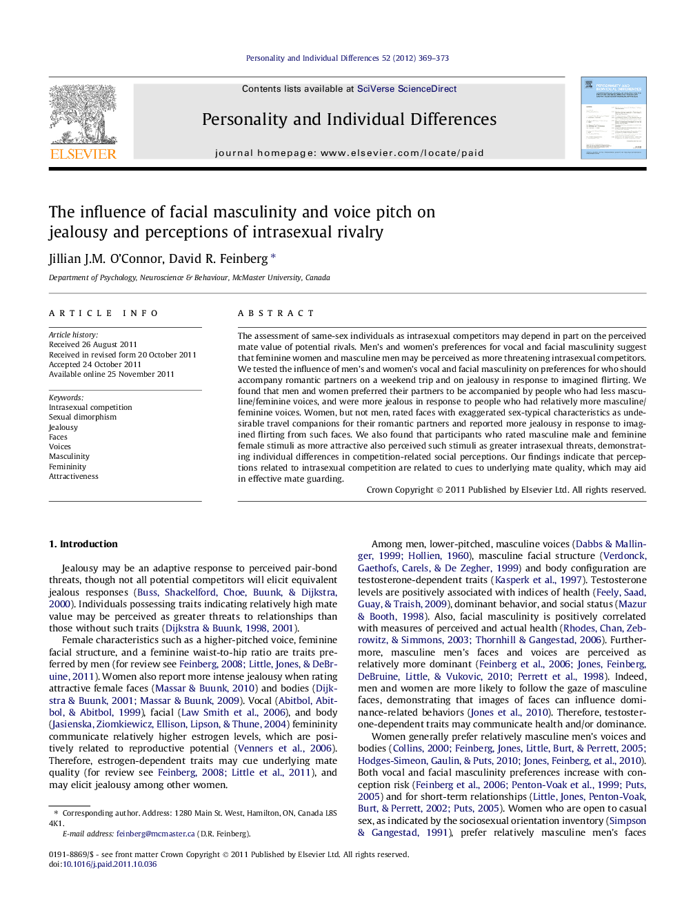 The influence of facial masculinity and voice pitch on jealousy and perceptions of intrasexual rivalry