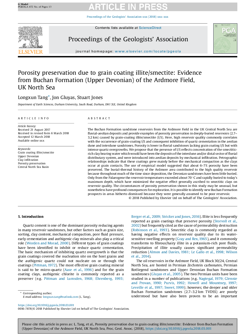 Porosity preservation due to grain coating illite/smectite: Evidence from Buchan Formation (Upper Devonian) of the Ardmore Field, UK North Sea