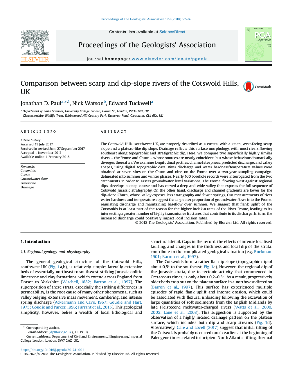 Comparison between scarp and dip-slope rivers of the Cotswold Hills, UK