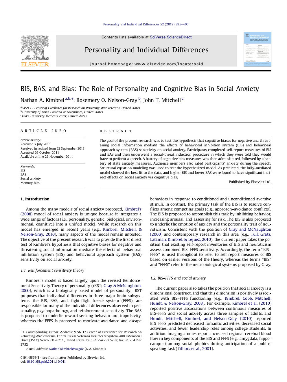 عکس صفحه اول مقاله: BIS, BAS, and bias: The role of personality and cognitive bias in social anxiety BIS, BAS, and bias: The role of personality and cognitive bias in social anxiety