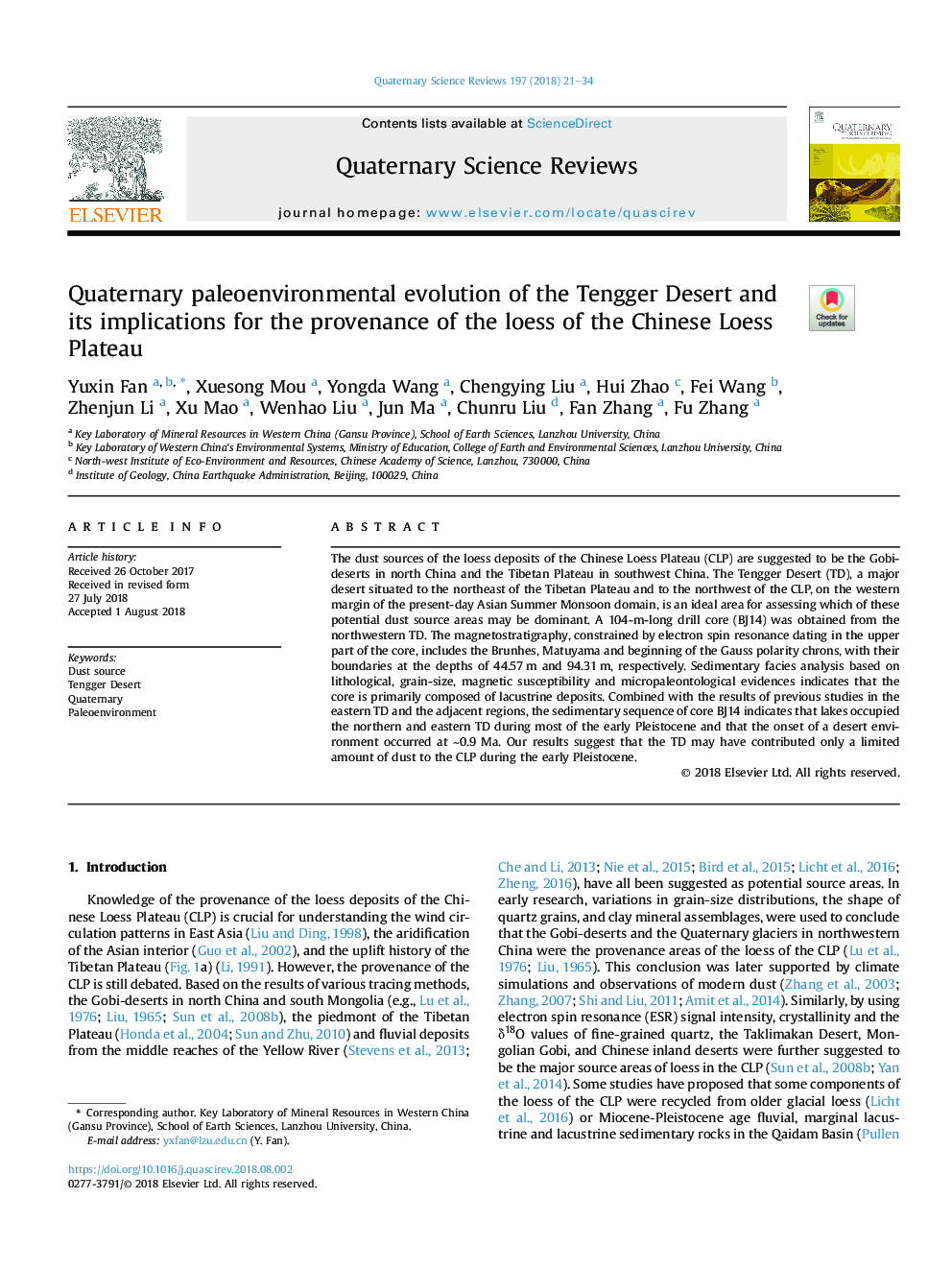 Quaternary paleoenvironmental evolution of the Tengger Desert and its implications for the provenance of the loess of the Chinese Loess Plateau