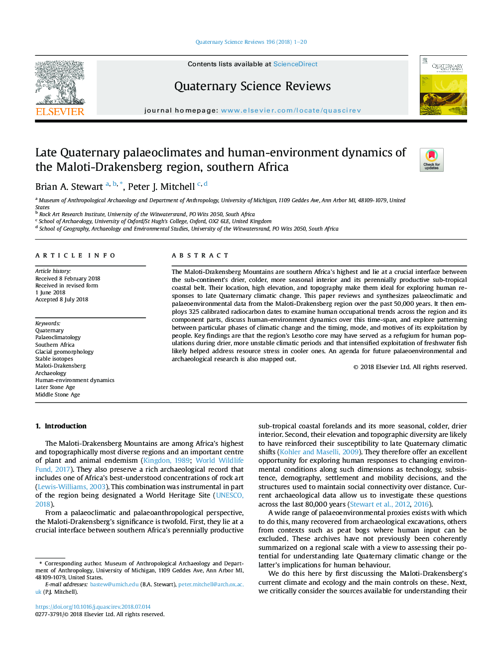 Late Quaternary palaeoclimates and human-environment dynamics of the Maloti-Drakensberg region, southern Africa