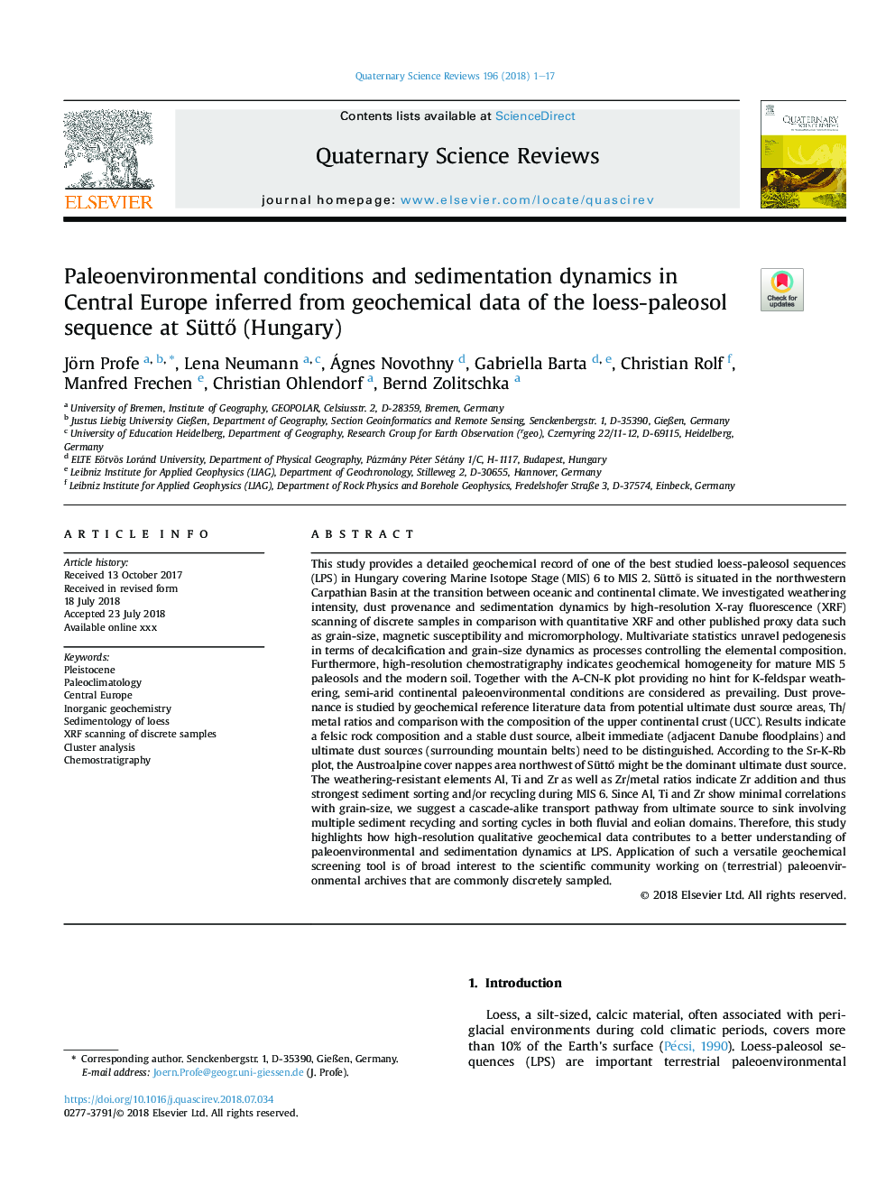 Paleoenvironmental conditions and sedimentation dynamics in Central Europe inferred from geochemical data of the loess-paleosol sequence at SüttÅ (Hungary)