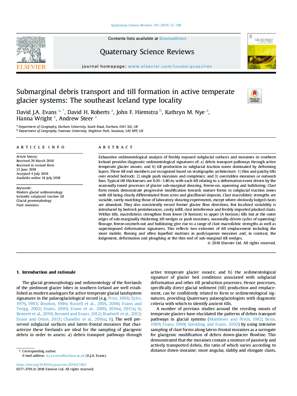 Submarginal debris transport and till formation in active temperate glacier systems: The southeast Iceland type locality