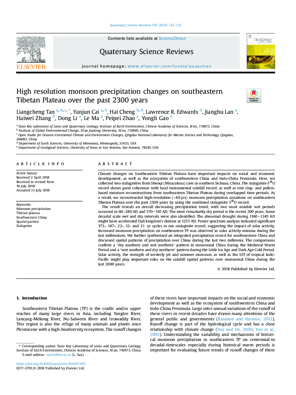 High resolution monsoon precipitation changes on southeastern Tibetan Plateau over the past 2300 years